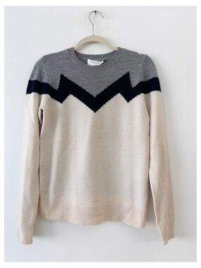 ALC Womens Knit Sweater Colorblock Chevron ZigZag Crew Neck Grey Cream Black XS